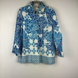 Drapers & Damons Blue and White Floral Button Front 3/4 Sleeve Top, Size M